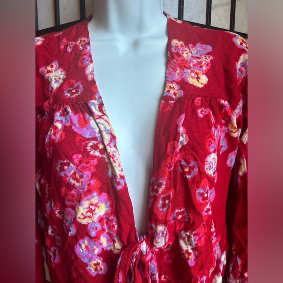 Free People Forties Feels Bodysuit Size Large Floral Red Bell Sleeve Lace Boho - Picture 7 of 9